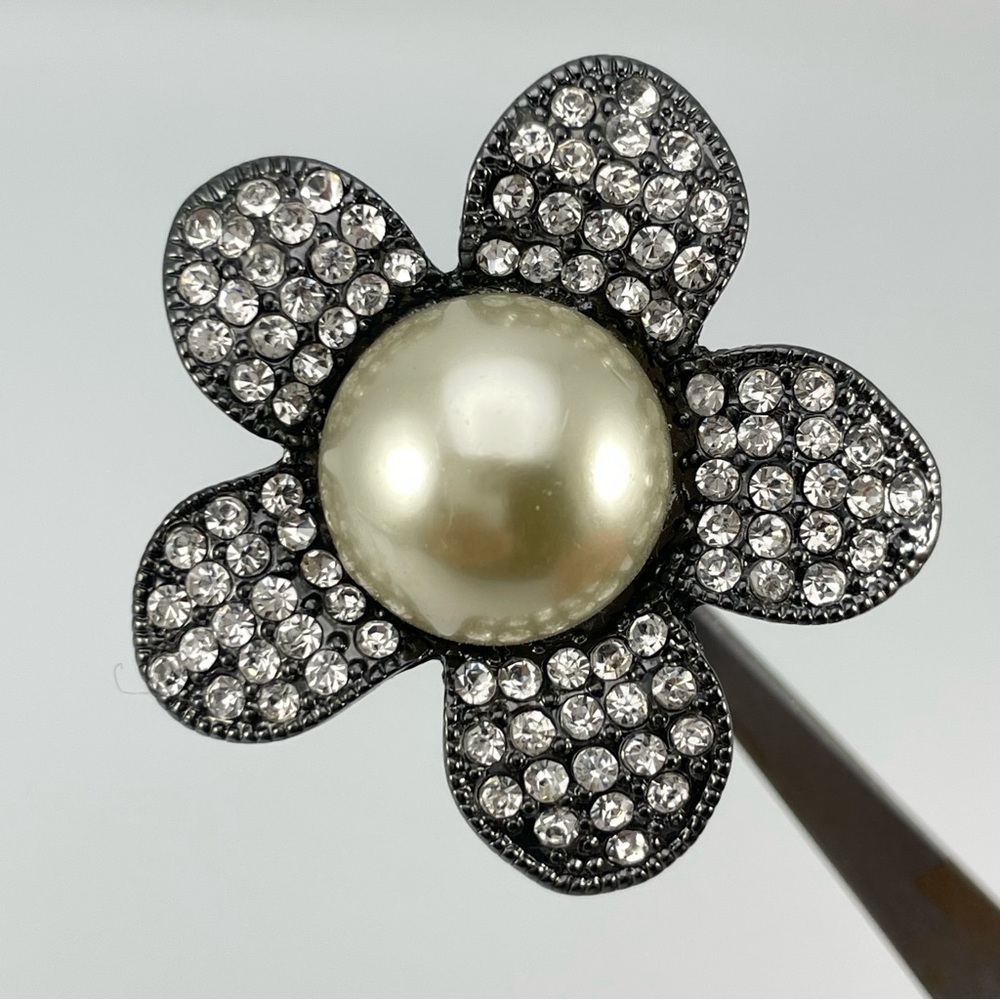 Black Crystal Flower Statement Ring w/ Faux Pearl Center – Adjustable